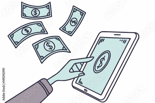 52 A hand holding a futuristic digital tablet, with falling US dollar bills emerging from the tablet screen, conveying the concept of digital financial transactions and the digital economy