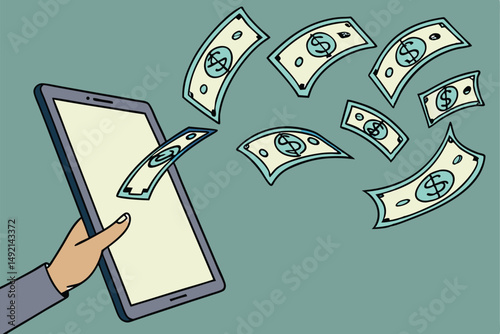 52 A hand holding a futuristic digital tablet, with falling US dollar bills emerging from the tablet screen, conveying the concept of digital financial transactions and the digital economy