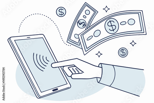 52 A hand holding a futuristic digital tablet, with falling US dollar bills emerging from the tablet screen, conveying the concept of digital financial transactions and the digital economy