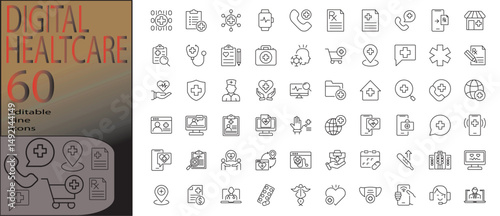 digital healthcare line editable icon set. Editable stroke. Vector illustration