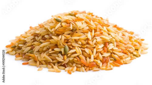Photograph of uncooked, multi-colored pearled rice spilling onto a white surface.