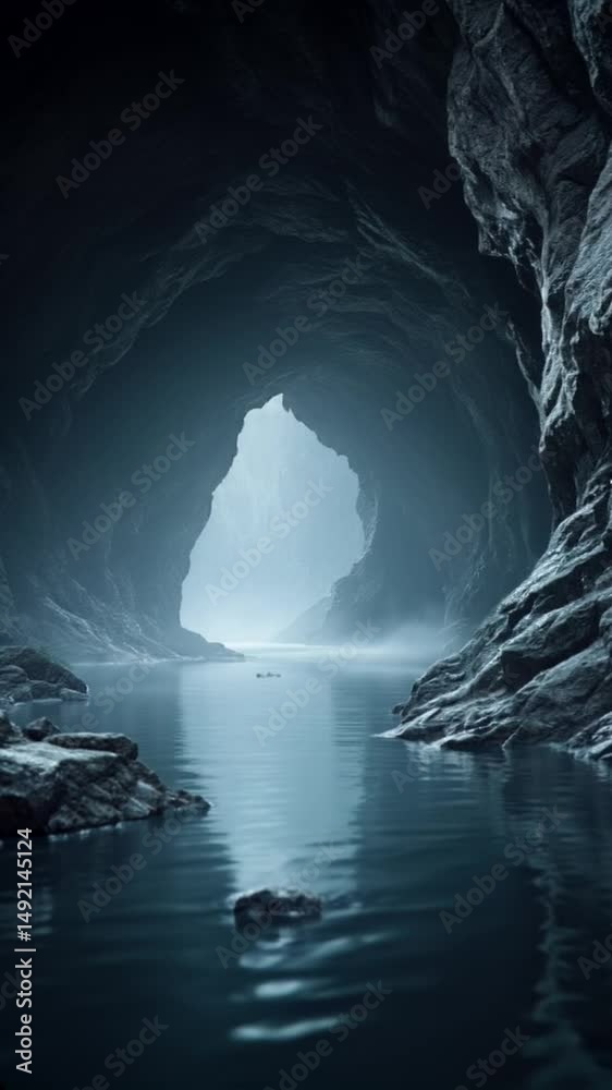 Realistic cinematic scenes of the camera moving slowly into a large stone cave or rocky tunnel formed by nature
