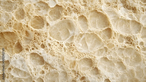 Photograph of textured, beige foam with irregular, circular bubbles.