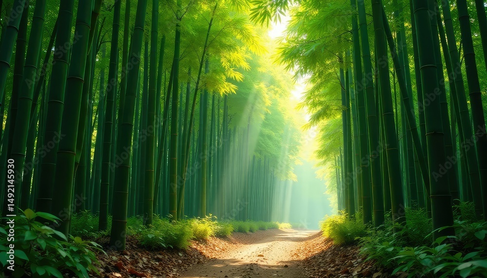 Obraz premium Dense bamboo forest, sunlight filtering through leaves, creating dappled shadows on the ground , natural, sunlight, shadow