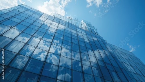 Modern Glass Building with Reflective Surfaces Against a Bright Blue Sky with White Clouds