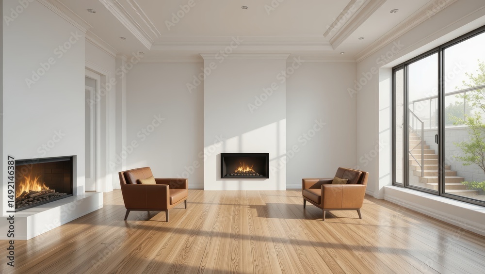 Fototapeta premium Modern Minimalist Living Room With Two Armchairs And Fireplaces Radiating Cozy Ambience