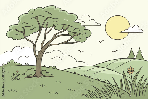 54 green grass field, cloudy blue sky, bright sun, peaceful landscape, serene outdoor scene, fluffy clouds, daylight environment, natural scenery