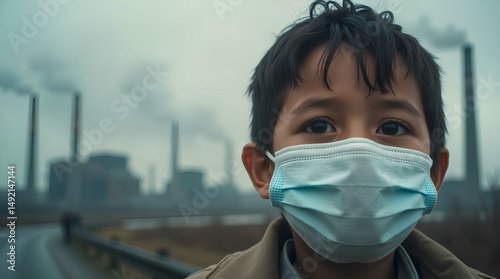 A child, a small boy wearing a medical protective mask looks anxiously at an industrial landscape of smoking factory chimneys in the background. Concept of ecology, air pollution, children's health