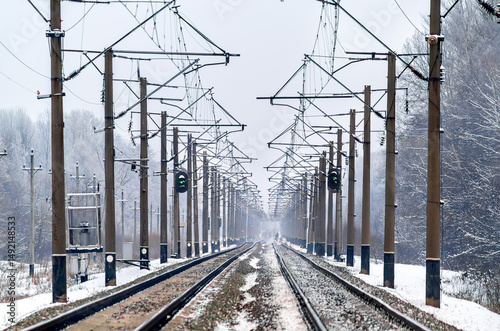 Railway tracks and signals in winter in Chernihiv Region of Ukraine