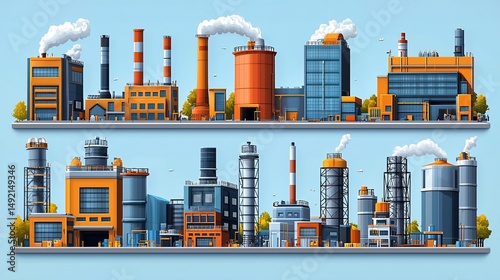 Stylized Industry Landscape with Varied Factories and Infrastructure Display