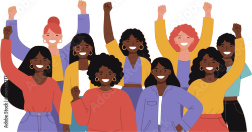 Diverse happy women standing together, smiling with raised hands with closed fists. Accelerate action, IWD 2025. Diversity, unity and inclusion concept. Modern flat vector illustration