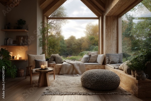 Minimalist interior space with neutral tones and wooden furniture