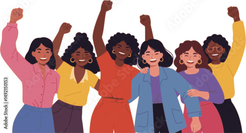 Diverse happy women standing together, smiling with raised hands with closed fists. Accelerate action, IWD 2025. Diversity, unity and inclusion concept. Modern flat vector illustration