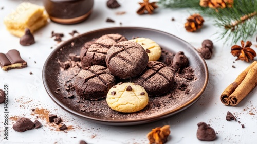 Assorted cookies on a dark plate surrounded by holiday decorations