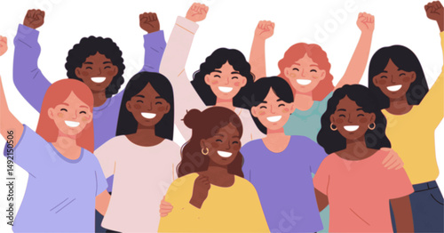 Diverse happy women standing together, smiling with raised hands with closed fists. Accelerate action, IWD 2025. Diversity, unity and inclusion concept. Modern flat vector illustration