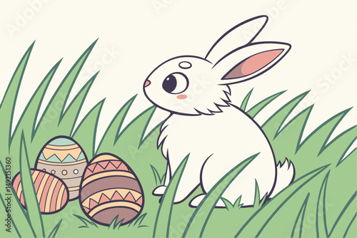 55 a cute white rabbit sitting in a field of grass, easter eggs, cartoon, digital art, 4k, highly detailed, vibrant colors, smooth, sharp focus