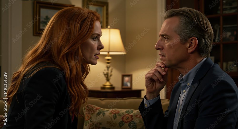 Naklejka premium Woman with red hair facing man in suit during intense conversation