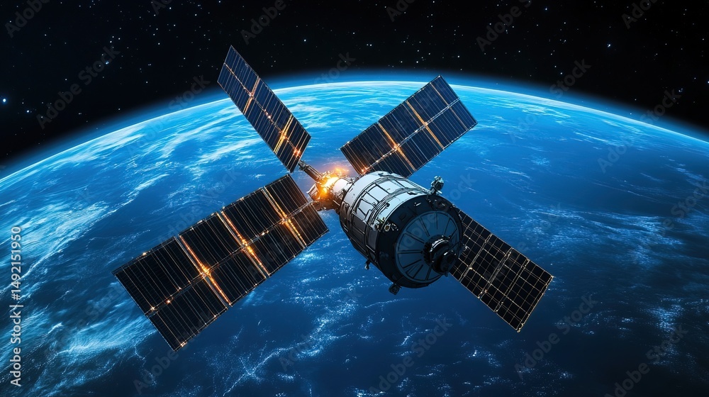 A futuristic communication satellite network glowing in outer space 