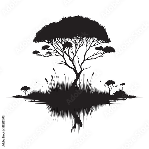 African Tree Silhouette Root System Illustration Serene Nature Vector Art