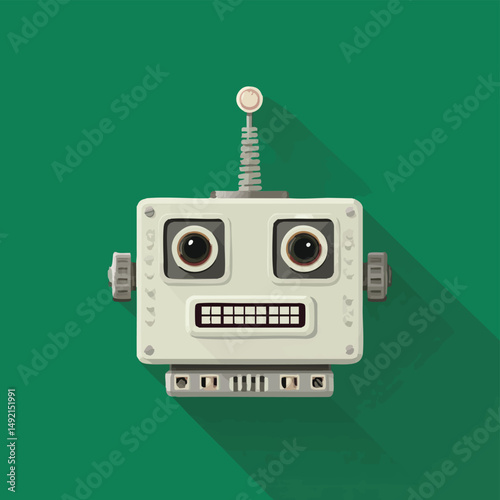 Retro robot head smiles greenly