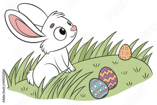 55 a cute white rabbit sitting in a field of grass, easter eggs, cartoon, digital art, 4k, highly detailed, vibrant colors, smooth, sharp focus