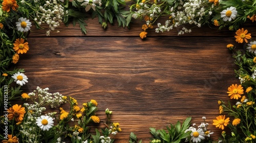 Rustic wooden background, floral frame, spring flowers, blank space, design template