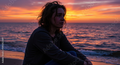Young woman gazing thoughtfully at sunset over ocean. Emotional reflection moment for mental wellbeing campaigns and personal growth programs