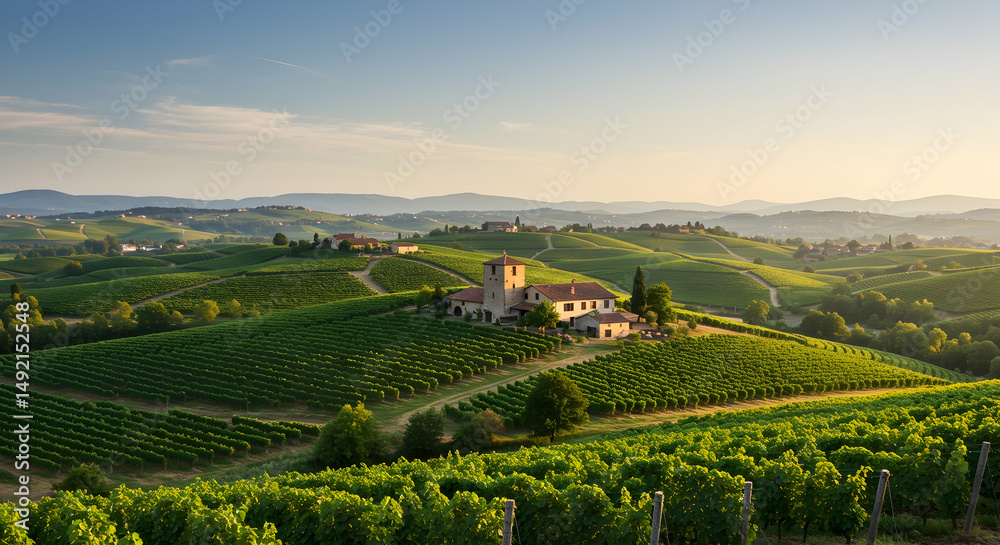 Naklejka premium vineyard, winery, wine, Vineyard landscape at sunset