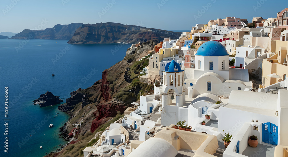 Fototapeta premium Santorini, Greece, Oia, Santorini Island Greece, Whitewashed Houses and Blue Domes