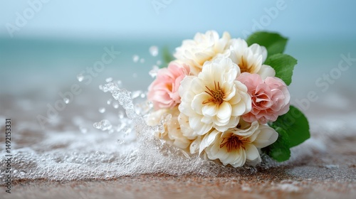 Delicate Pink and White Flower Bouquet on Sandy Beach with Ocean Background