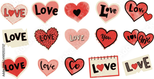 Love and Valentine's day halftone art collage cut outs set. Various paper clipping shapes, romantic stickers with vintage dotted texture and doodles Modern retro grunge mixed media vector illustration