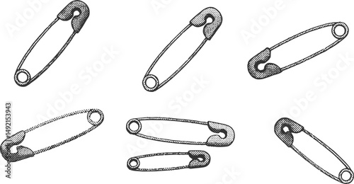 Halftone stipple elements set. Safety pins set with grunge dotted texture for y2k collage design, punk symbol. Retro photocopy vector illustration isolated on transparent background