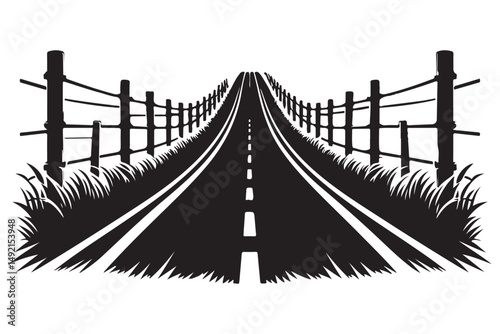 Perspective View of Country Road with Fence Silhouette Illustration