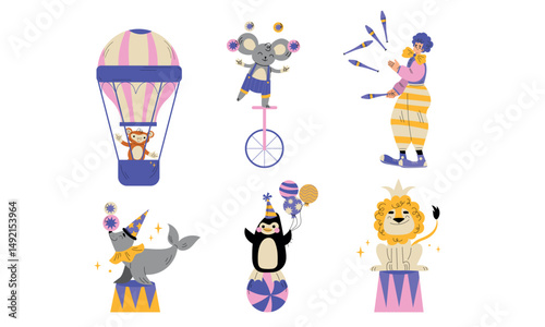 A vibrant array of colorful circus animal performers adorned in festive and cheerful styles