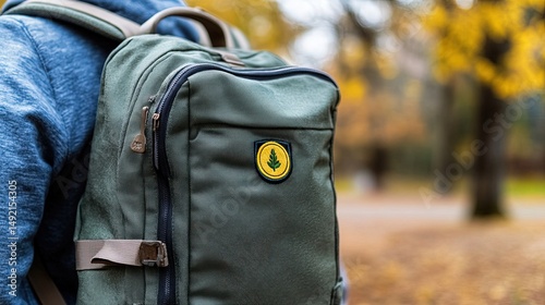 Backpack branding mockup with customizable patches and embroidered logo. 