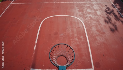 Aerial View of an Empty Basketball Court with Red Surface and Hoop under Clear Blue Sky