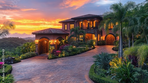 Sunset Villa, Tropical Landscape, Hilltop Driveway, Luxury Real Estate photo
