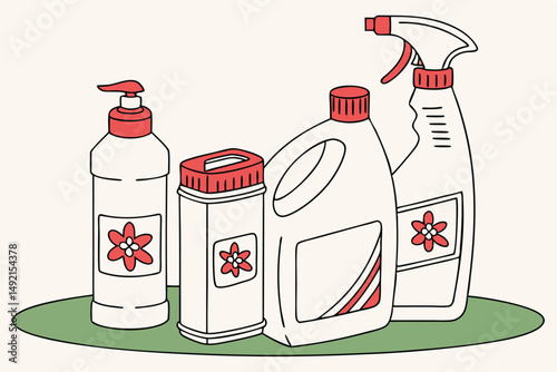 56 plastic cleaning bottles, household chemicals, spray bottles, cleaning products, white containers, red and green lids, studio shot, simple background