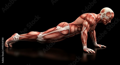 Push Up Anatomy Illustration Exercise with Muscles and Bones