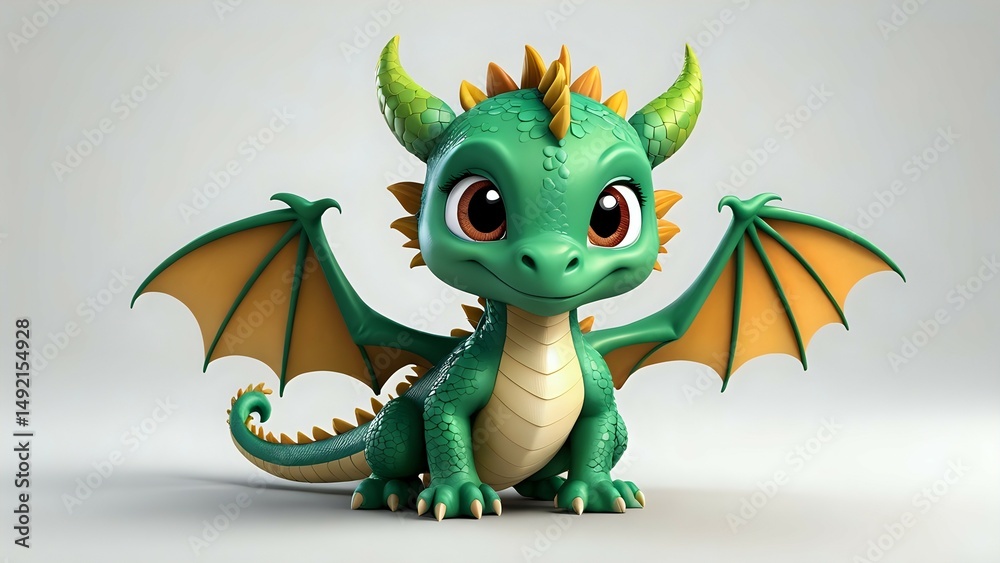 Naklejka premium Adorable 3D rendered baby dragon with big eyes, green scales, and orange wings, sitting against a light gray background. Perfect for children's books, games, or fantasy projects.