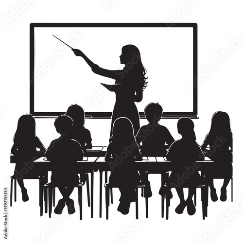 Silhouette Teacher Explaining Lesson to Students Near the Whiteboard