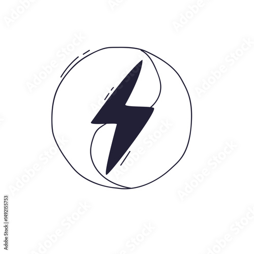 A circle with a split Yin Yang curve and a central lightning bolt symbolizes balance and energy.