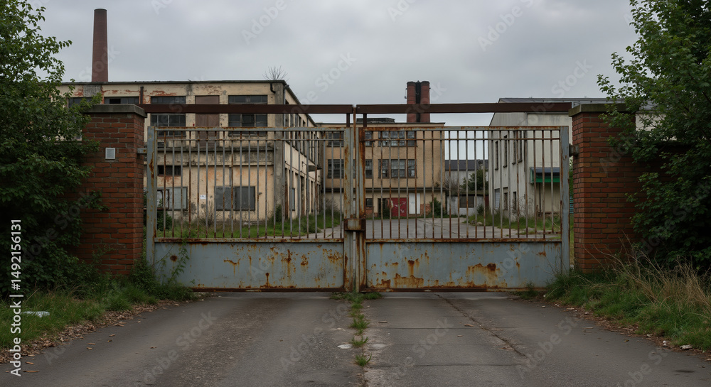 Obraz premium Abandoned industrial factory behind rusty gate with overgrown entrance. Urban decay imagery for documentaries about economic decline and post-industrial transformation