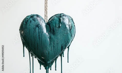 Teal heart dripping paint, hanging, white background, Valentine's concept