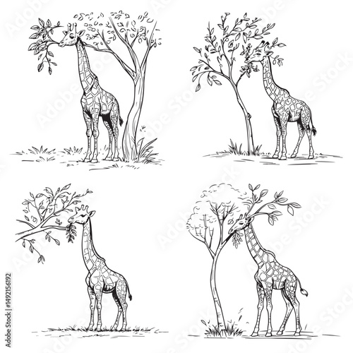 set of Giraffe eating leaves in black outline silhouettes collection