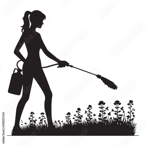 Silhouette Woman Spraying Pesticides on Plants for Pest Control