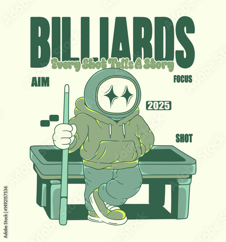 Casual Astronaut Character Playing Pool in Retro Urban Style Illustration for Streetwear and Poster Art Design