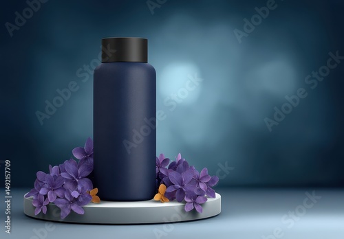 Navy Blue Cosmetic Bottle with Purple Flowers on White Platform