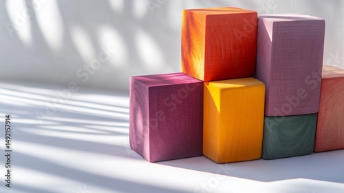 Colorful Wooden Building Blocks Stacked with Shadow Play, Abstract Art