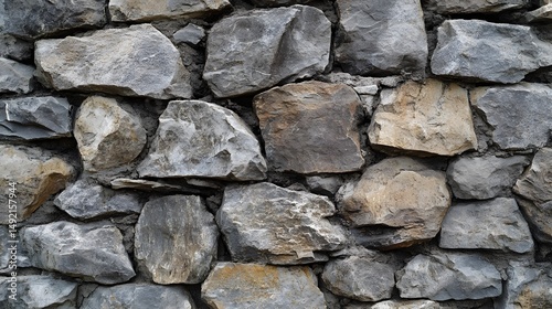 Photograph of stone wall, irregular assemblage of grey and brown rocks, textured surface.